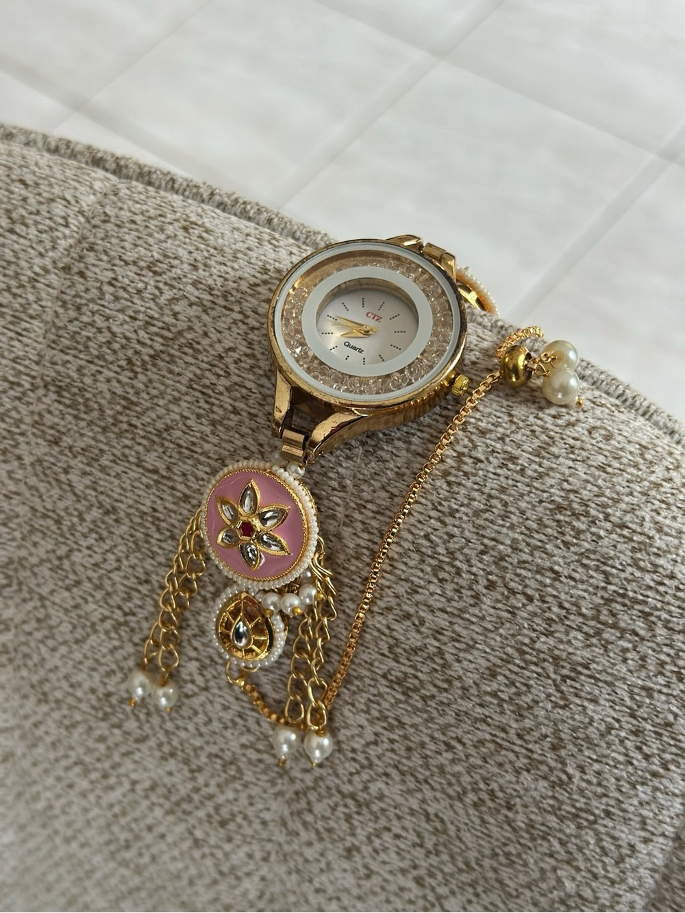 Gold-Tone Women's Bracelet Watch with Pink Floral Charm